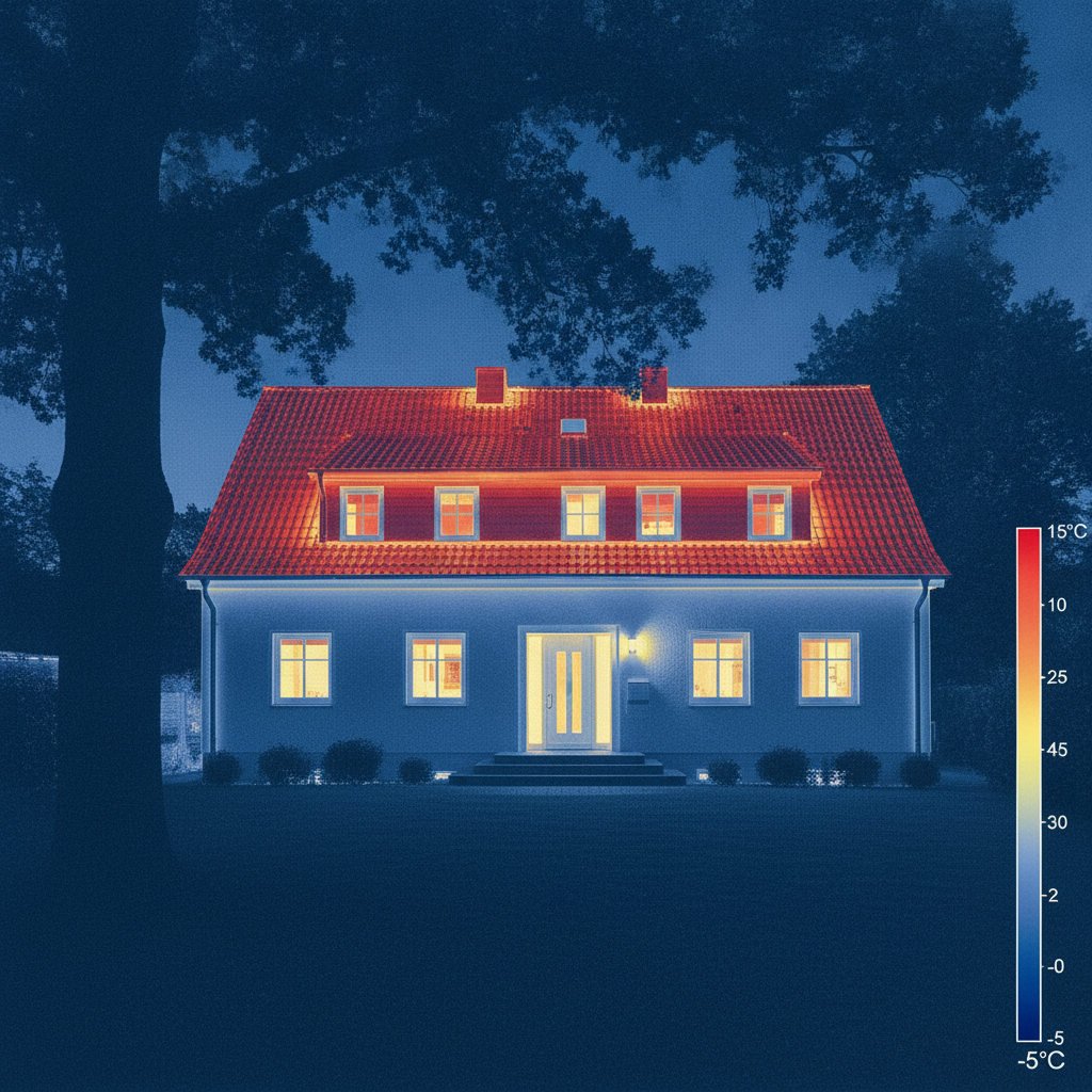 Thermografie-Aufnahme einer Hausfassade zeigt Wärmeverluste an Dach und Fenstern